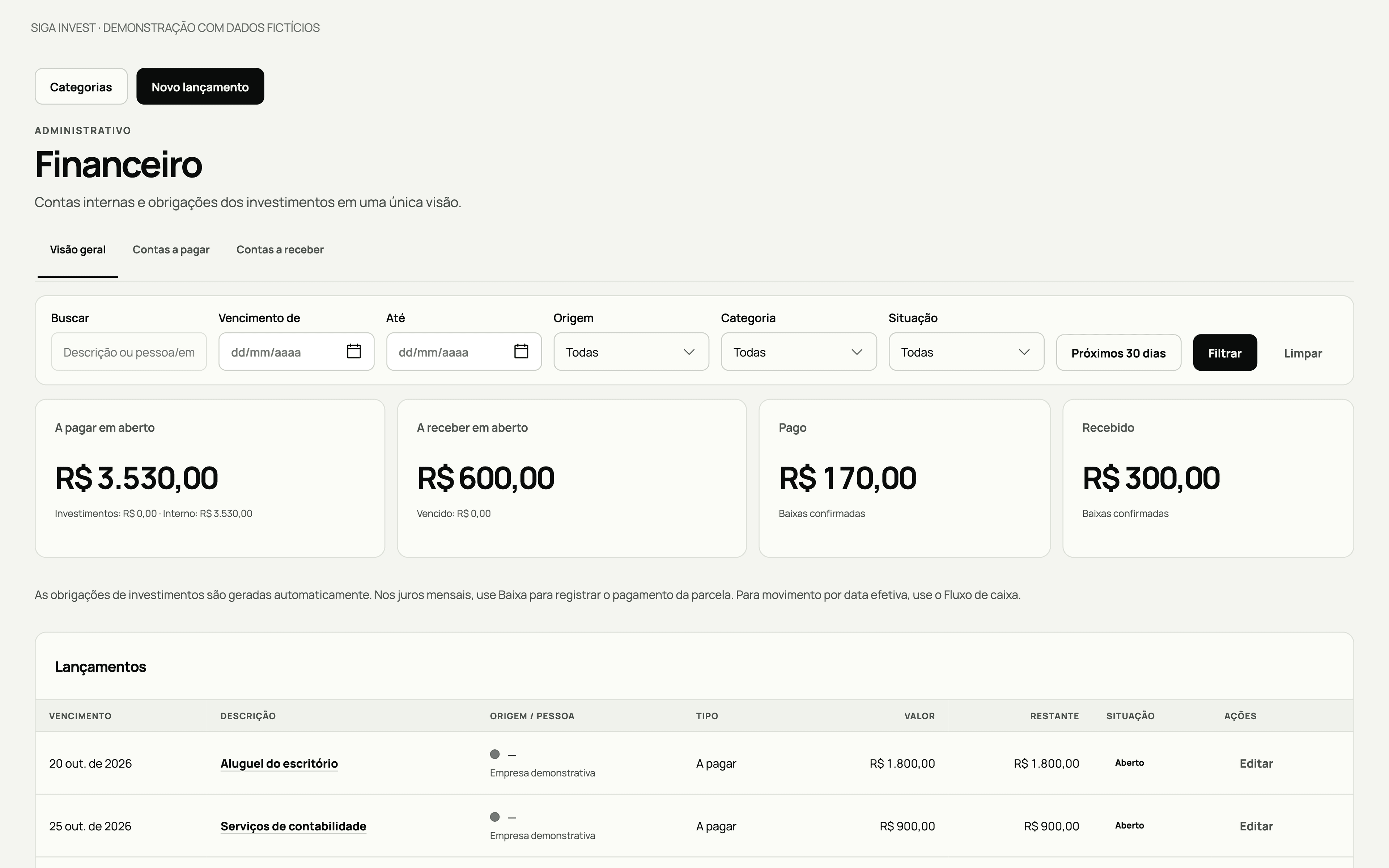 Financeiro demonstrativo da Siga Invest, sem nomes pessoais e com dados fictícios